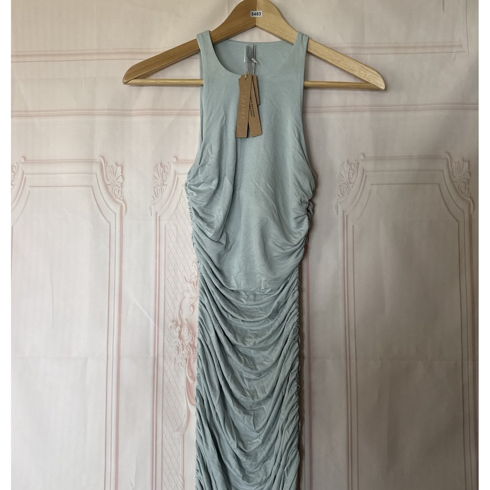 Skims Cupro Jersey Long Ruched Dress In Pearl (Blue) Size XXS NWT $198